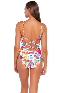 Back pose #1 of Daria wearing Sunsets Camilla Flora Veronica One Piece