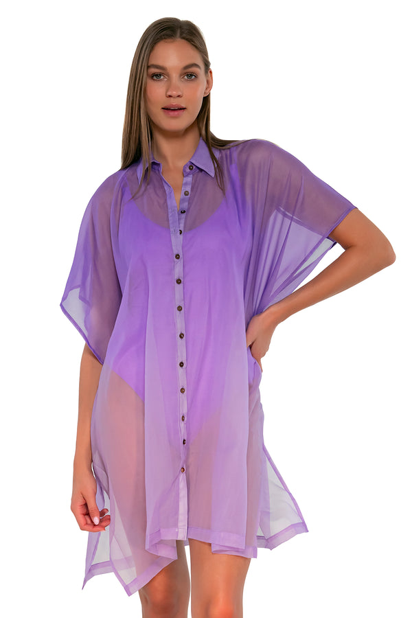 Front view of Sunsets Passion Flower Shore Thing Tunic