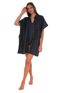 Front pose #1 of Daria wearing Sunsets Slate Shore Thing Tunic