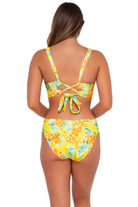 Back pose #1 of Taylor wearing Sunsets Golden Tropics Sandbar Rib Elsie Top with matching Hannah High Waist bikini bottom