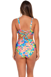 Back pose #1 of Taylor wearing Sunsets Shoreline Petals Elsie Top with matching Capri High Waist bikini bottom