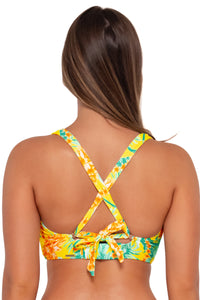 Back pose #1 of Taylor wearing Sunsets Golden Tropics Sandbar Rib Vienna V-Wire Top showing crossback straps