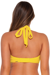 Back pose #1 of Taylor wearing Sunsets Lemon Zest Sandbar Rib Vienna V-Wire Top as a halter bikini