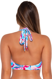 Back pose #1 of Taylor wearing Sunsets Making Waves Vienna V-Wire Top as a halter bikini