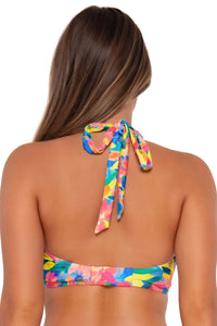 Back pose #1 of Taylor wearing Sunsets Shoreline Petals Vienna V-Wire Top as a halter bikini