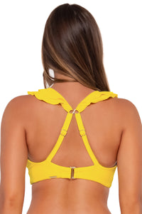Back pose #1 of Taylor wearing Sunsets Lemon Zest Sandbar Rib Willa Wireless Top showing crossback straps