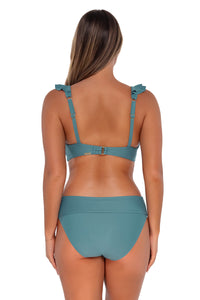 Back pose #1 of Taylor wearing Sunsets Ocean Hannah High Waist Bottom showing folded waist with matching Willa Wireless bikini top