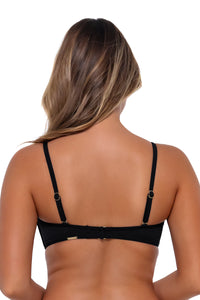 Back pose #1 of Taylor wearing Sunsets Black Iconic Twist Bandeau Top