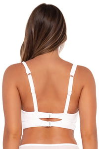 Back pose #1 of Taylor wearing Sunsets White Lily Danica Top