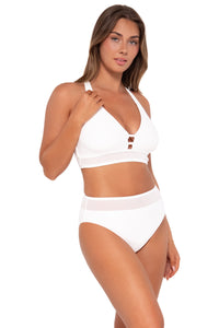 Side pose #1 of Taylor wearing Sunsets White Lily Danica Top with matching Annie High Waist bikini