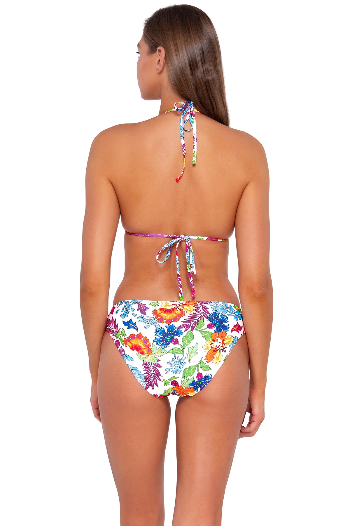 Back pose #1 of Daria wearing Sunsets Camilla Flora Laney Triangle Top with matching Audra Hipster bikini bottom