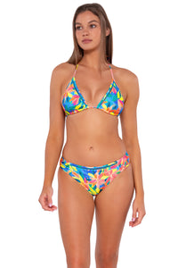 Front pose #1 of Daria wearing Sunsets Shoreline Petals Audra Hipster Bottom with matching Laney Triangle bikini top