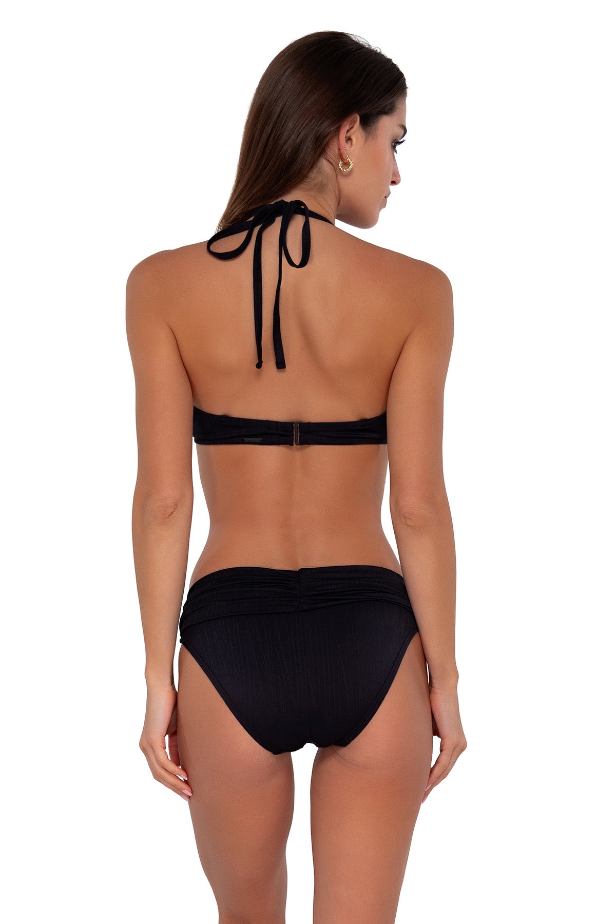 Back pose #1 of Gigi wearing Sunsets Black Seagrass Texture Brooke U-Wire Top as a halter bikini paired with Unforgettable Bottom swim hipster