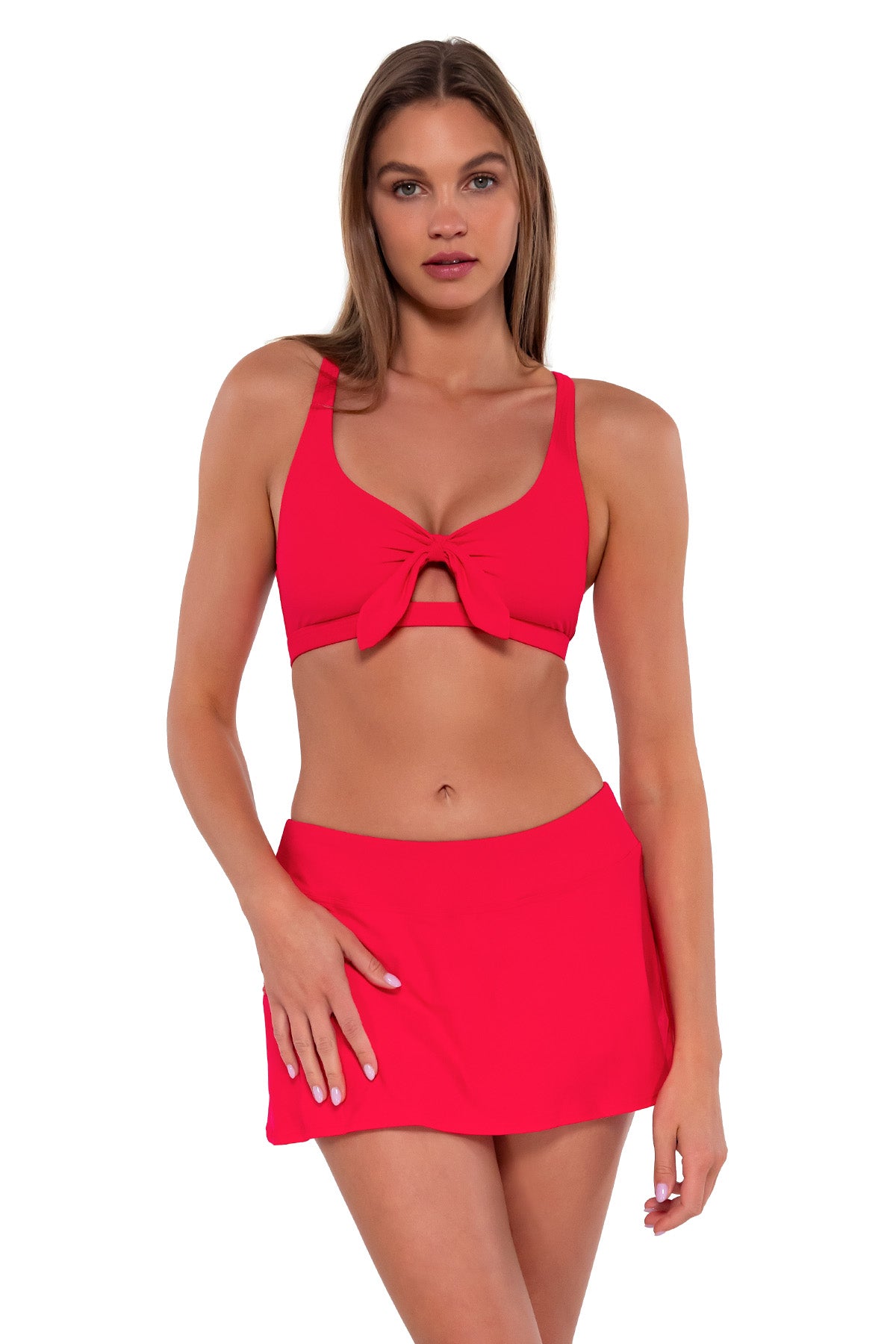Front pose #2 of Daria wearing Sunsets Geranium Sporty Swim Skirt with matching Brandi Bralette bikini top