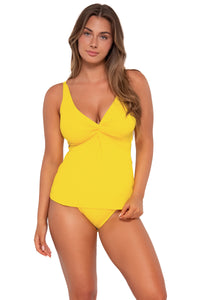 Front pose #2 of Taylor wearing Sunsets Lemon Zest Sandbar Rib Forever Tankini Top with matching Hannah High Waist bikini bottom