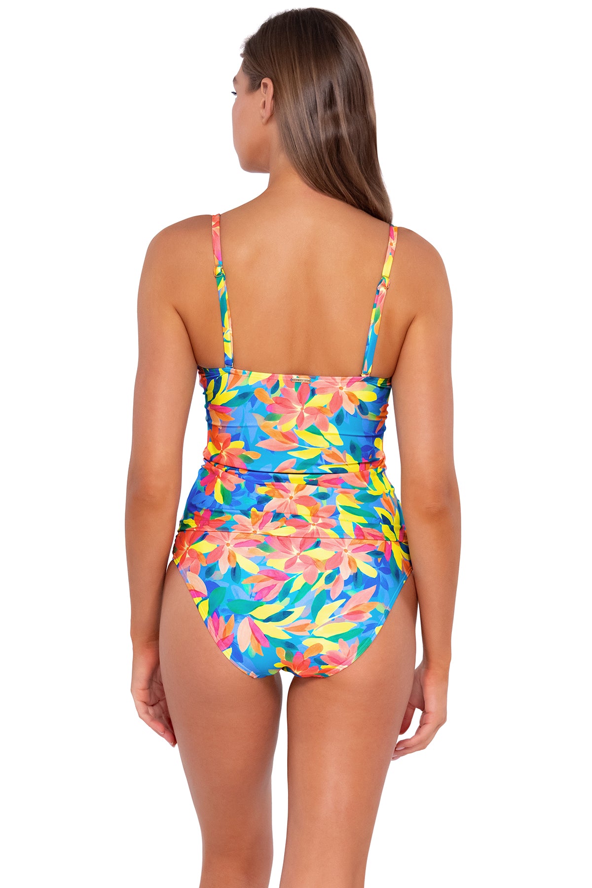 Back pose #1 of Daria wearing Sunsets Shoreline Petals Simone Tankini Top with matching Audra Hipster bikini bottom