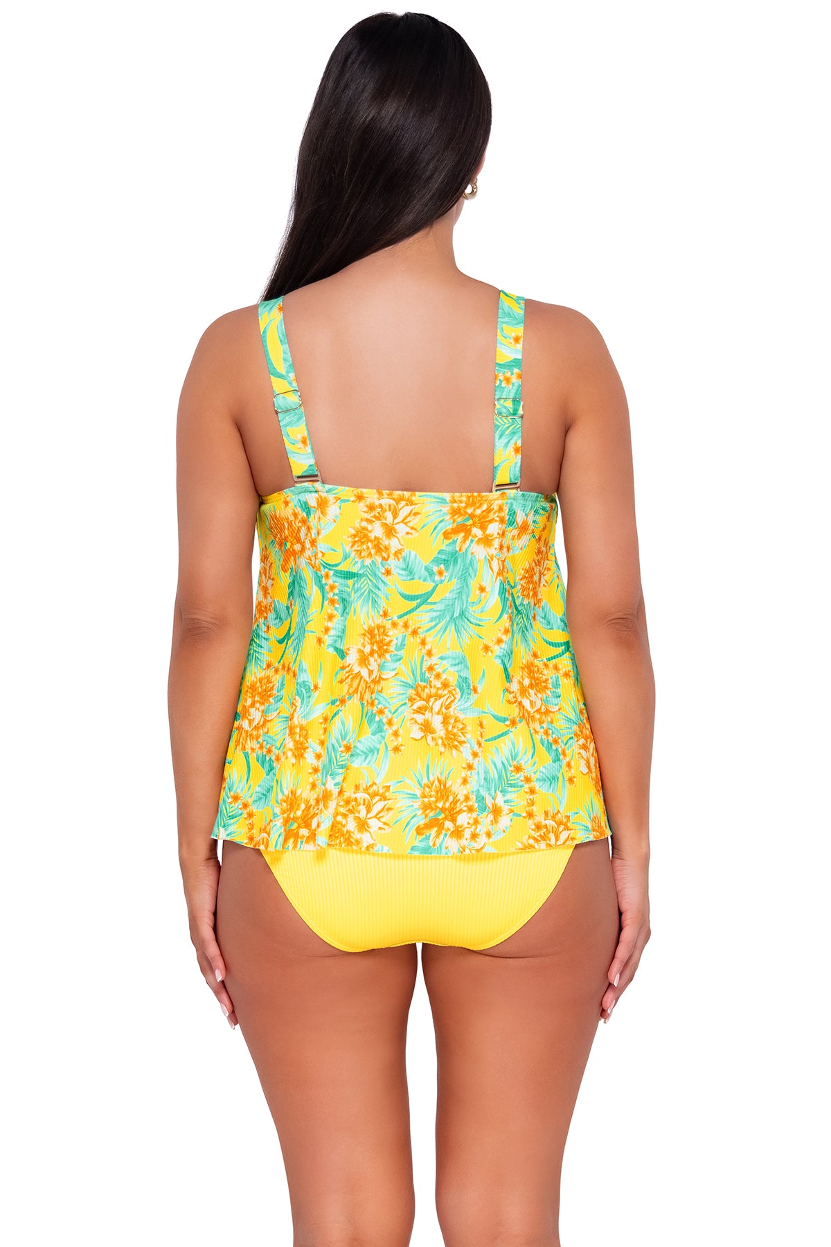 Back pose #1 of Nicki wearing Sunsets Escape Golden Tropics Sandbar Rib Sadie Tankini Top with matching Hannah High Waist bikini bottom