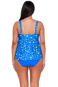 Back pose #1 of Nicki wearing Sunsets Escape Pineapple Grove Sadie Tankini Top with matching Hannah High Waist bikini bottom