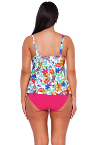 Back pose #1 of Nicki wearing Sunsets Escape Camilla Flora Marin Tankini Top with matching Hannah High Waist bikini bottom