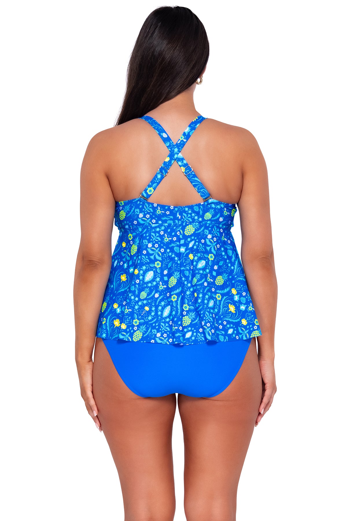Front Back pose #1 of Nicki wearing Sunsets Escape Pineapple Grove Marin Tankini Top with matching Hannah High Waist bikini bottom