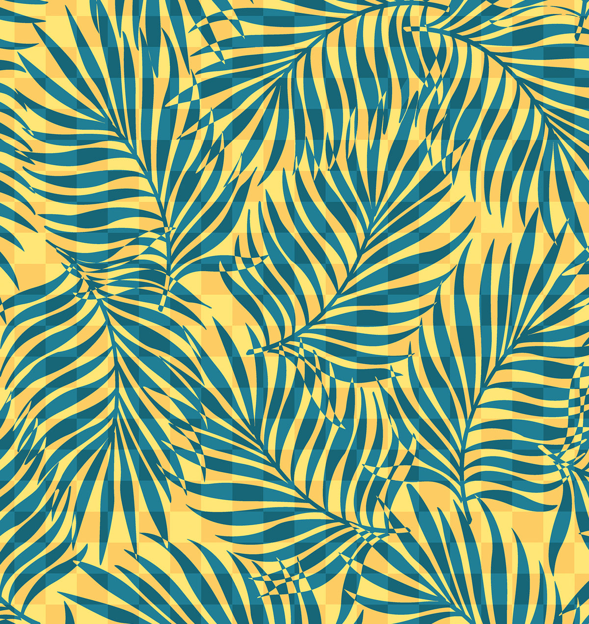 Sunsets Cabana tropical swimsuit print with Avalon Teal palm leaves on a pale yellow background