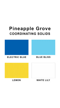 Coordinating solids chart for Pineapple Grove swimsuit print: Electric Blue, Blue Bliss, Lemon and White Lily