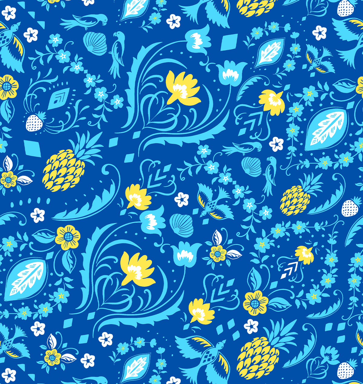 Sunsets Pineapple Grove tropical print with parrots on an electric blue background