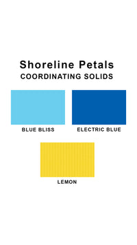 Coordinating solids chart for Shoreline Petals swimsuit print: Electric Blue, Blue Bliss and Lemon