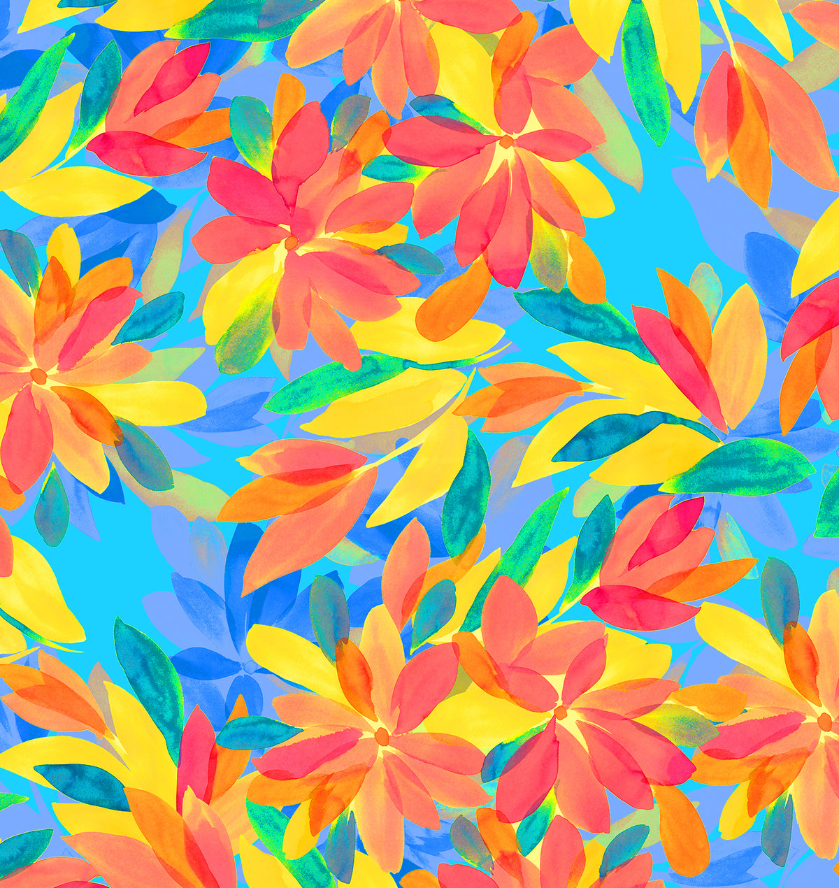 Sunsets Shoreline Petals rainbow-colored print with watercolor flowers on a blue background
