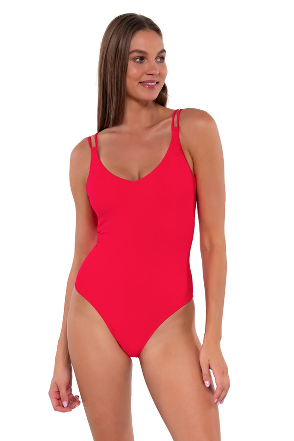 Front pose #1 of Daria wearing Sunsets Geranium Veronica One Piece