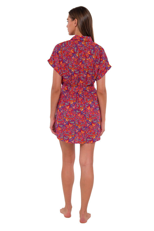 Back pose #1 of Daria wearing Sunsets Rue Paisley Lucia Dress