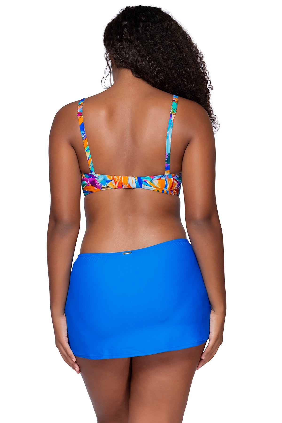 Back view of Sunsets Alegria Crossroads Underwire bikini top with Electric Blue Kokomo Swim Skirt, featuring alternate model