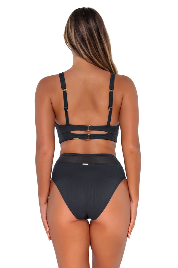 Back pose #1 of Taylor wearing Sunsets Slate Seagrass Texture Annie High Waist Bottom with matching Danica underwire bikini top