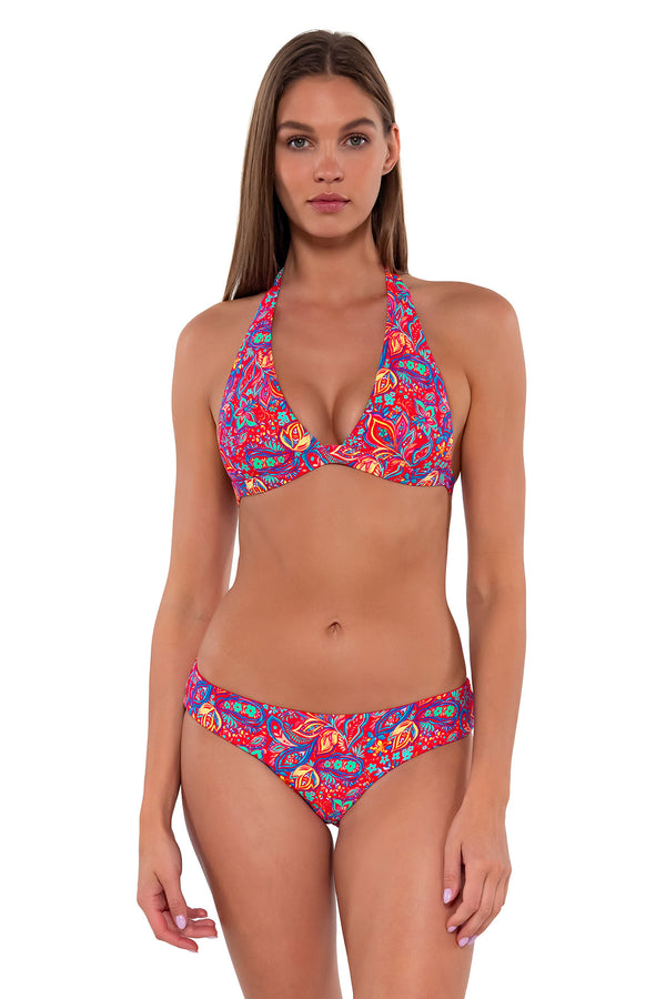 Front pose #1 of Daria wearing Sunsets Rue Paisley Alana Reversible Hipster Bottom with matching Faith Halter bikini top