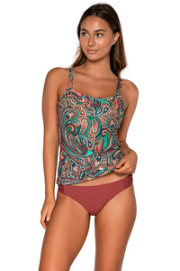 Front view of Sunsets Andalusia Taylor Tankini Top lifted up to show matching Femme Fatale Hipster bikini bottom