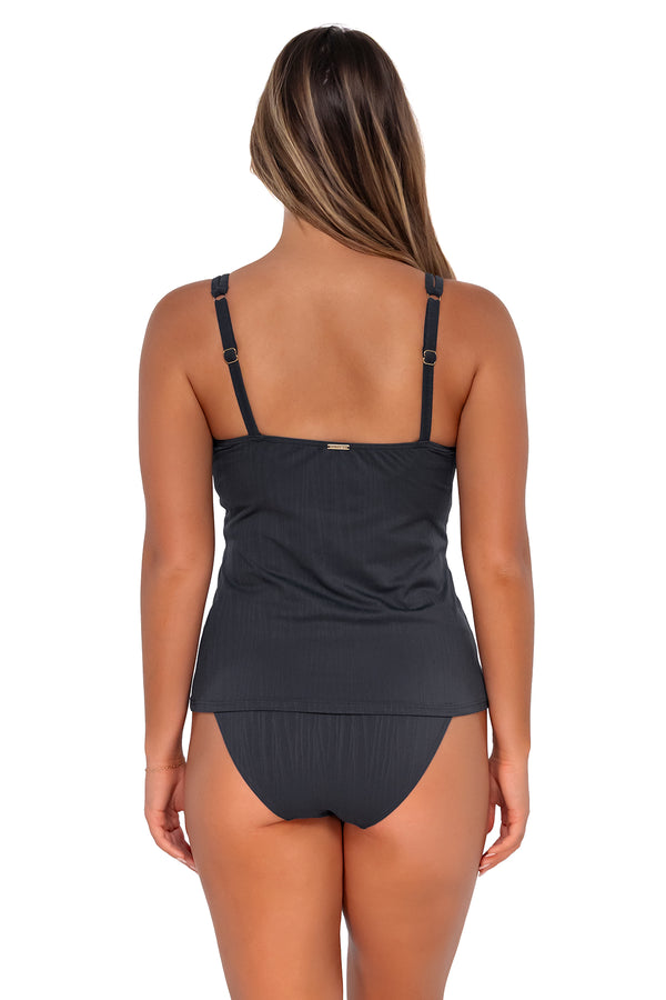 Back pose #1 of Taylor wearing Sunsets Slate Seagrass Texture Taylor Tankini Top with matching Annie High Waist bikini bottom