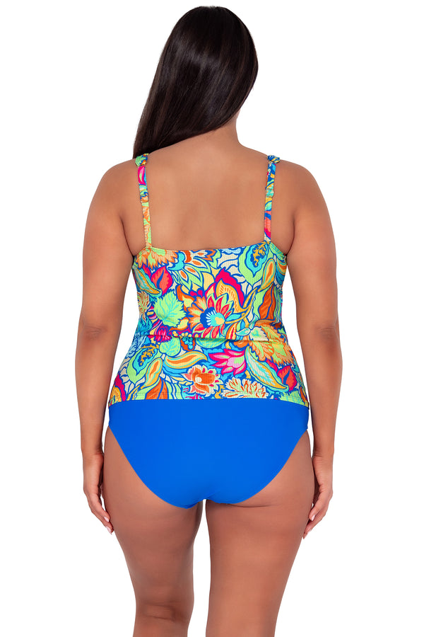 pose #1 of Nicki wearing Sunsets Escape Fiji Sandbar Rib Emerson Tankini Top paired with Hannah High Waist in Electric Blue