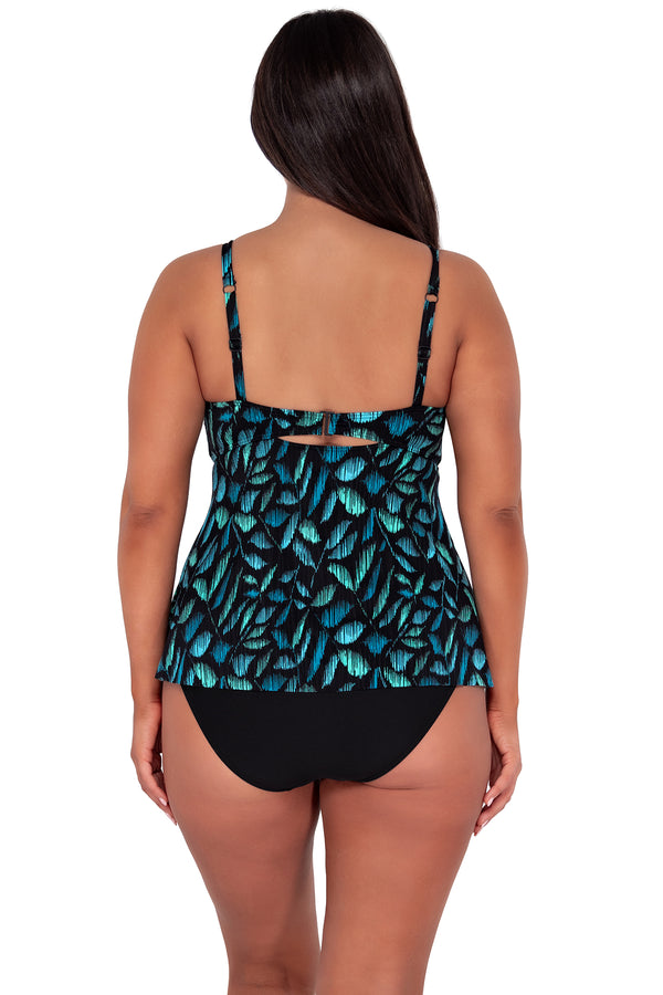 Back pose #1 of Nicki wearing Sunsets Escape Cascade Seagrass Texture Tori Tankini Top