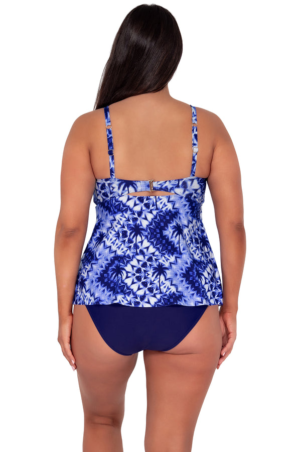 Back pose #1 of Nicki wearing Sunsets Escape Tulum Tori Tankini Top paired with Indigo Hannah High Waist