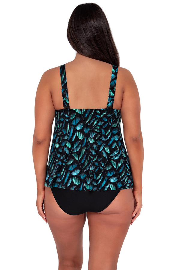 Back pose #1 of Nicki wearing Sunsets Escape Cascade Seagrass Texture Sadie Tankini Top
