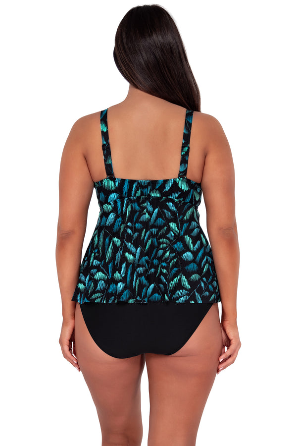 Back pose #1 of Nicki wearing Sunsets Escape Cascade Seagrass Texture Marin Tankini Top