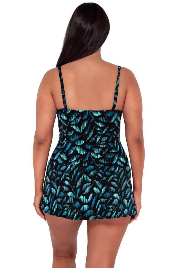 Back pose #1 of Nicki wearing Sunsets Escape Cascade Seagrass Texture Sienna Swim Dress