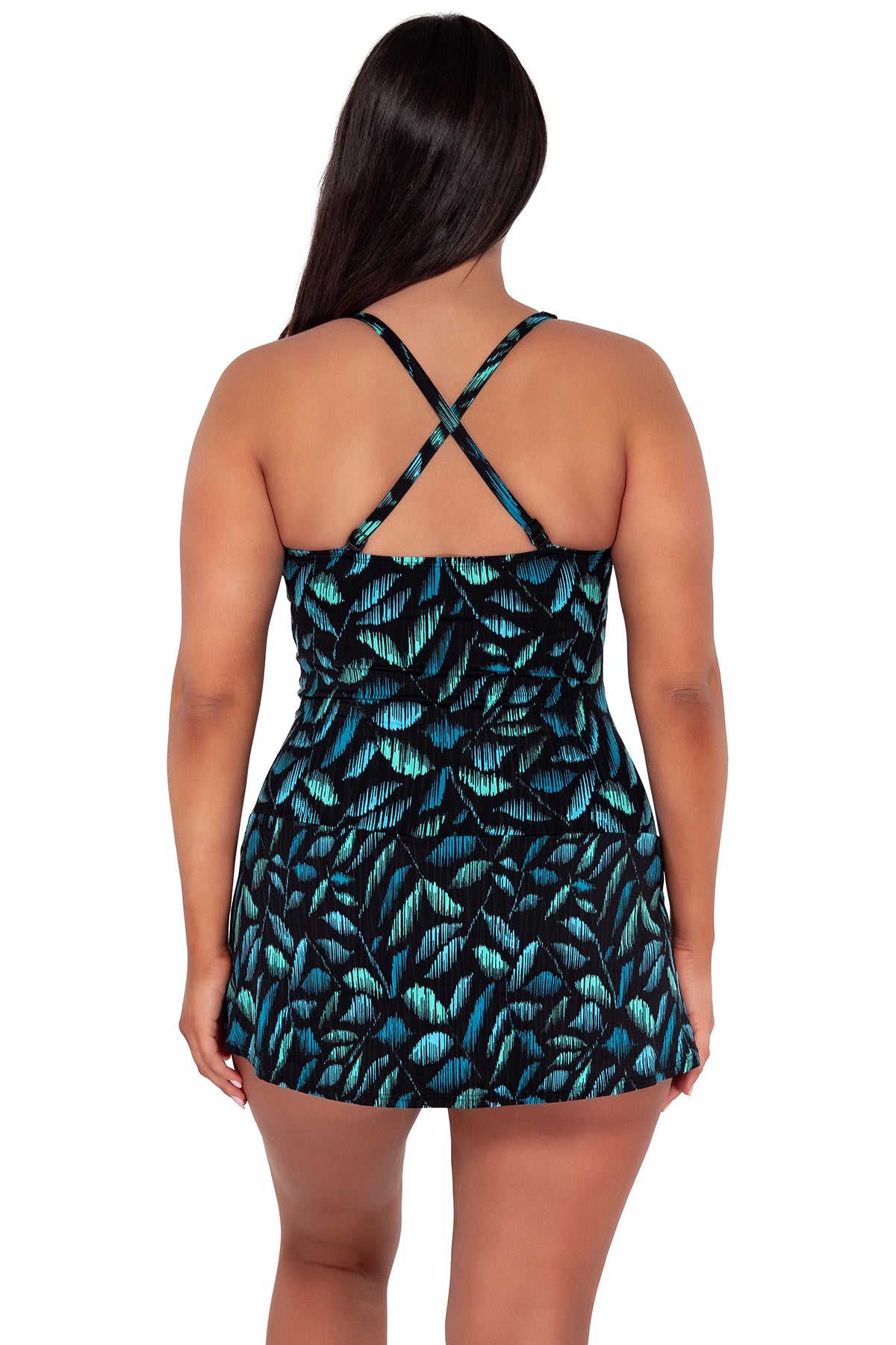 Back pose #1 of Nicki wearing Sunsets Escape Cascade Seagrass Texture Sienna Swim Dress showing crossback straps