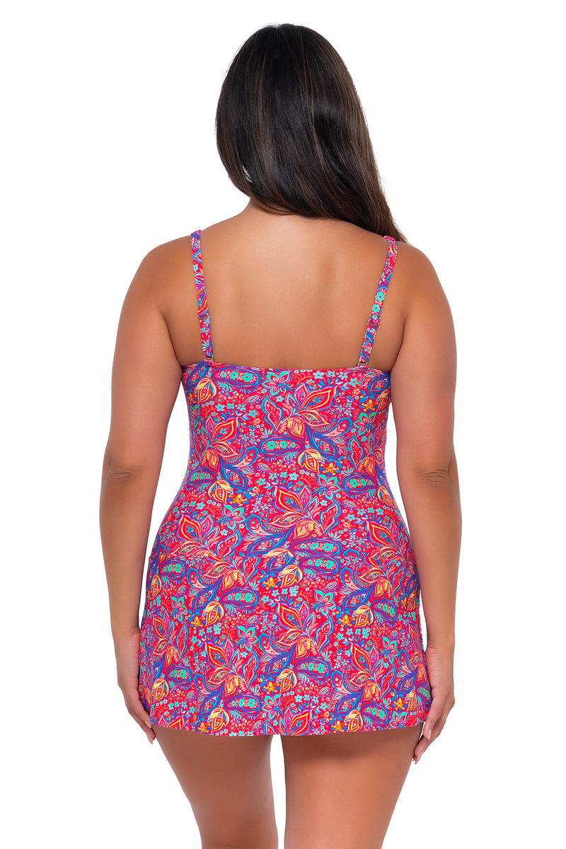 Back pose #1 of Nicky wearing Sunsets Escape Rue Paisley Sienna Swim Dress