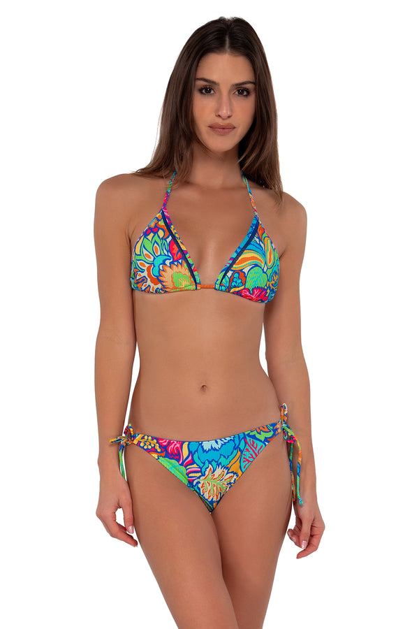 Front pose #1 of Gigi wearing Sunsets Fiji Sandbar Rib Everlee Tie Side Bottom with matching Laney Triangle bikini top