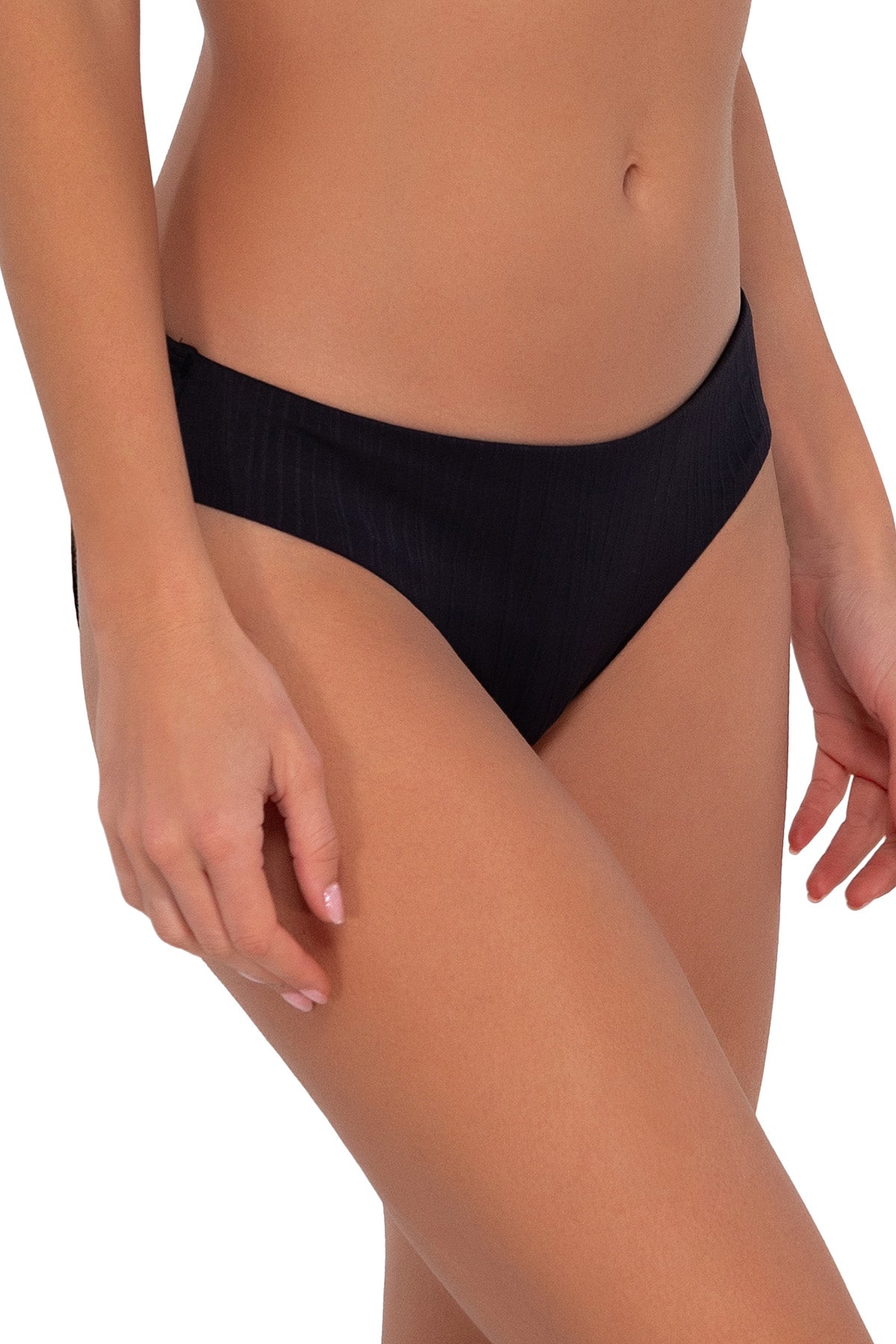 Side pose #1 of Gigi wearing Sunsets Black Seagrass Texture Collins Hipster Bottom
