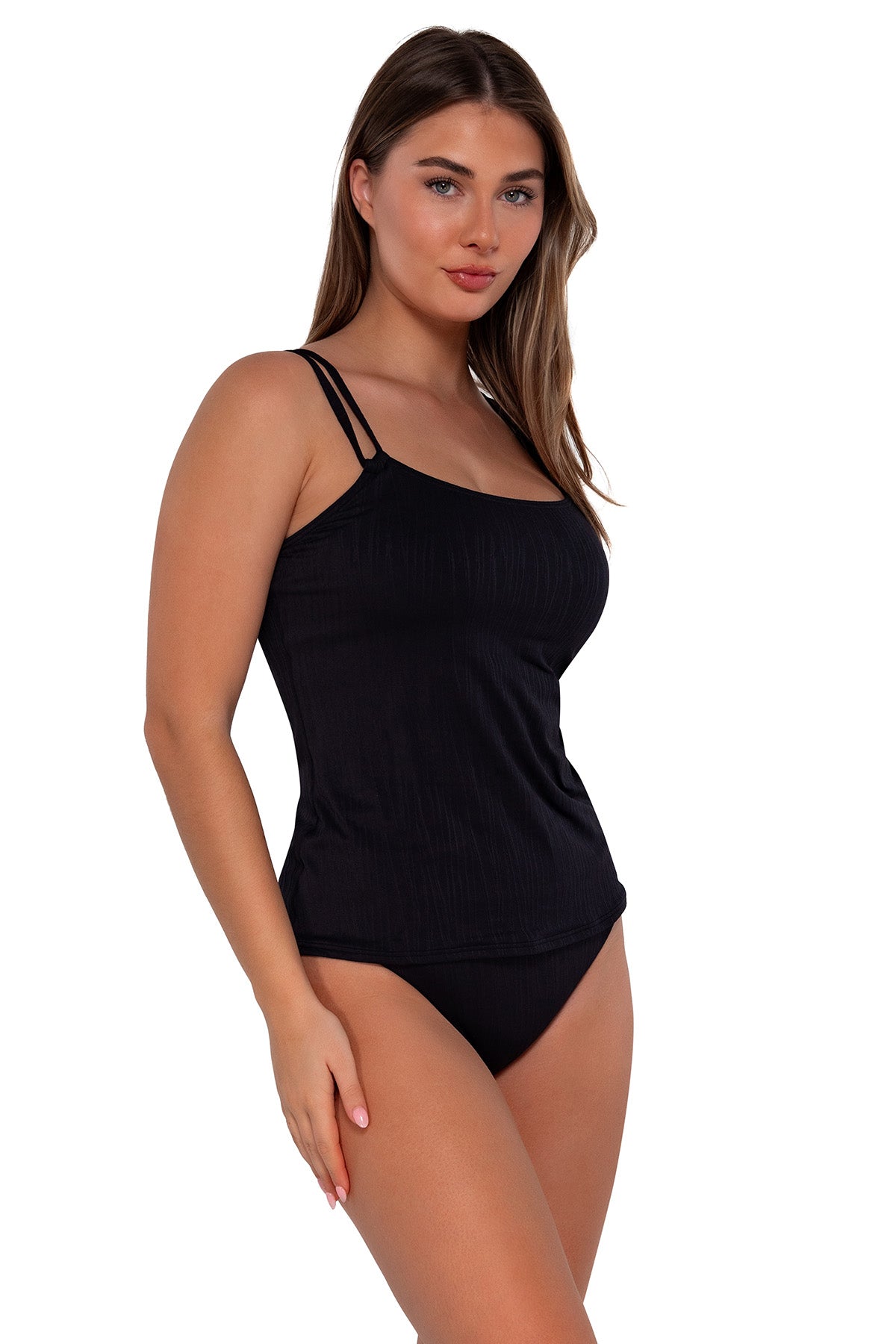 Side pose #1 of Taylor wearing Sunsets Black Seagrass Texture Taylor Tankini Top with matching Annie High Waist bikini