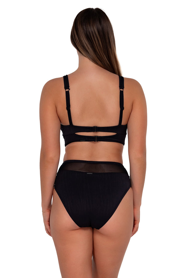 Back pose #1 of Taylor wearing Sunsets Black Seagrass Texture Danica Top with matching Annie High Waist bikini