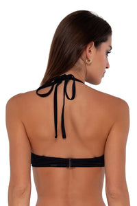 Back pose #1 of Gigi wearing Sunsets Black Seagrass Texture Brooke U-Wire Top as a halter