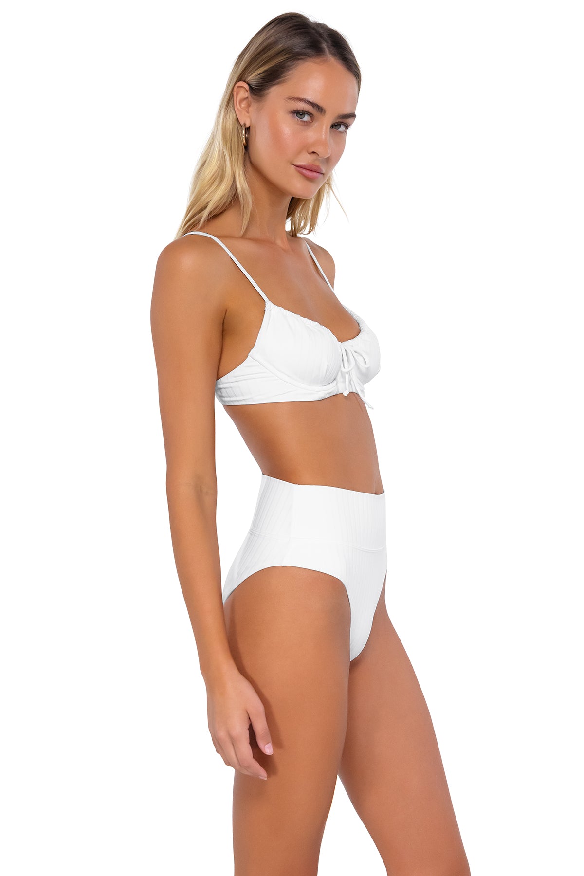 Side pose #1 of Jessica wearing Swim Systems Magnolia Bay Rib Tatum Bottom paired with Avila Underwire shirred bikini